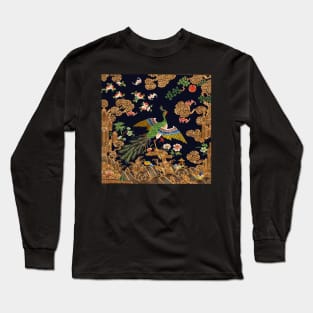 PEACOCK ,FLOWERS AND TREES IN NIGHT BLUE Antique Chinese Floral Long Sleeve T-Shirt